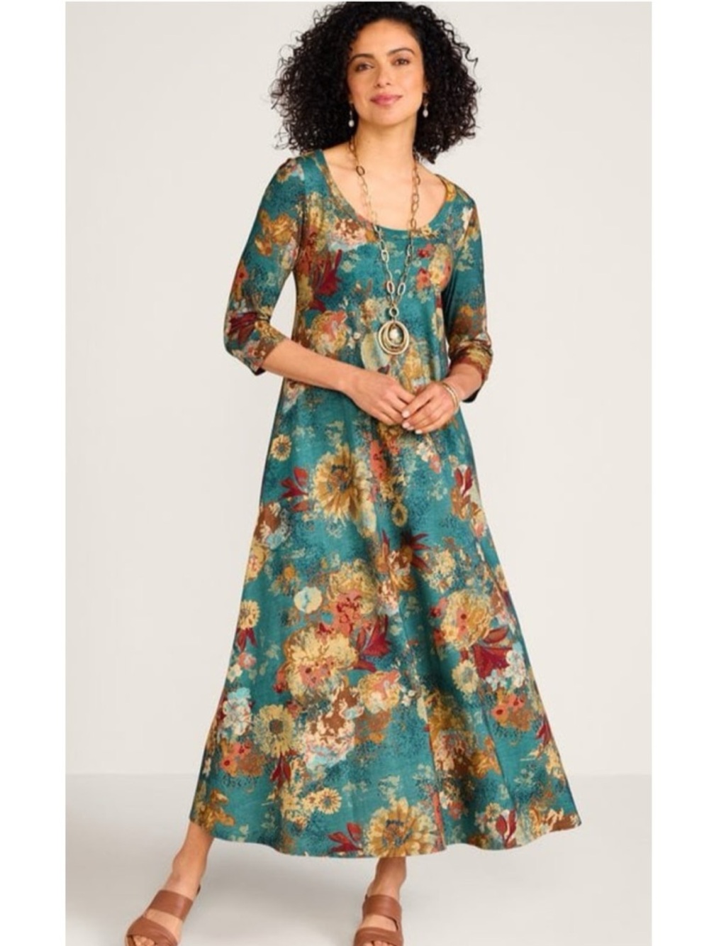 Soft Surroundings Santiago 3/4 Sleeve Floral Jersey Knit Dress, S